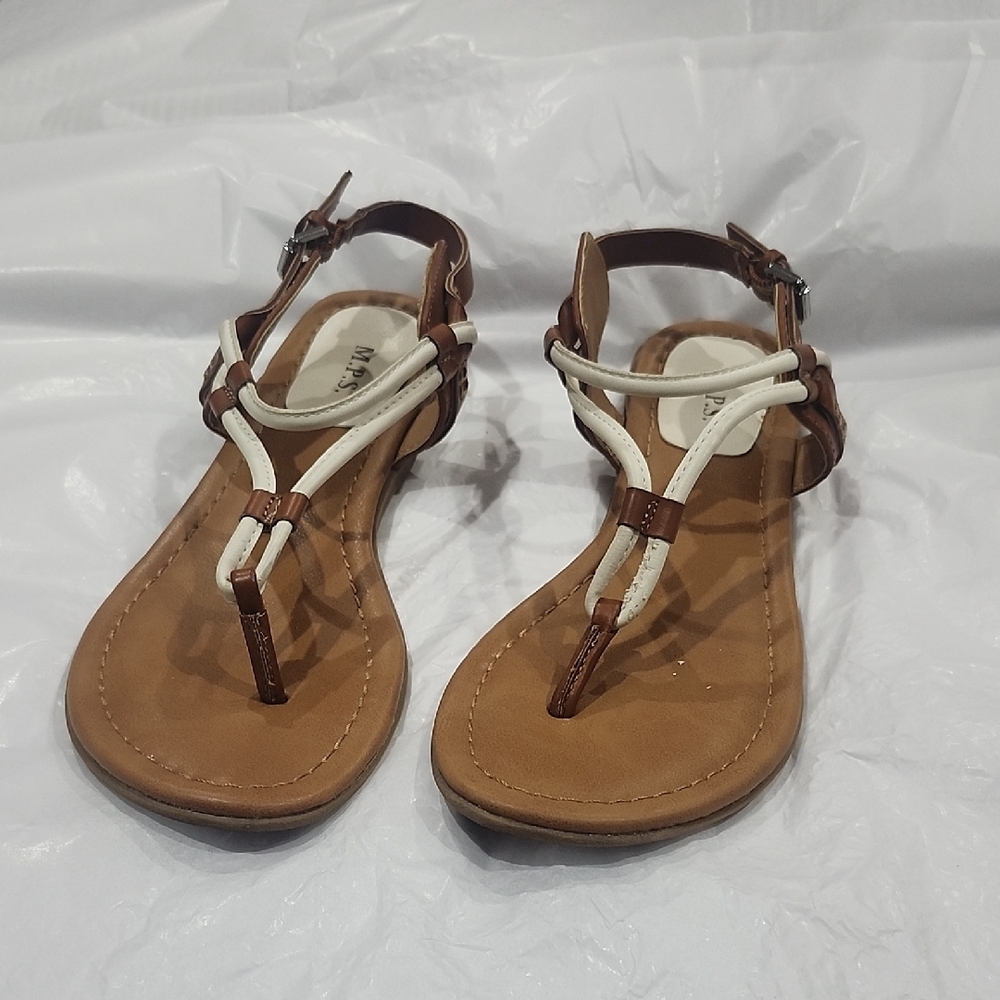 Brown & White T-Strap Women's Sandals with Ankle Buckle
